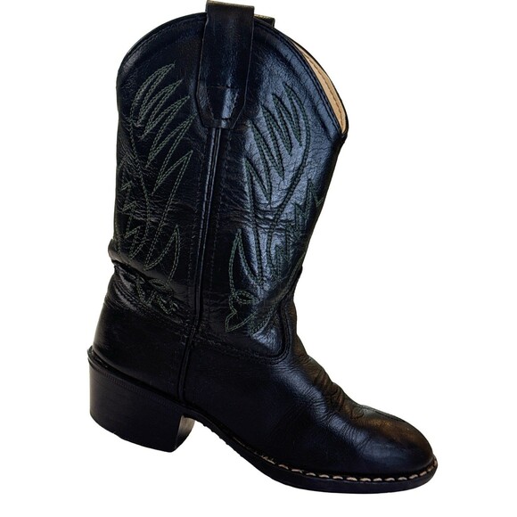 Old West Black Leather Cowboy Boots Youth 10D Western 1110 Pull On Square Toe - Picture 1 of 7